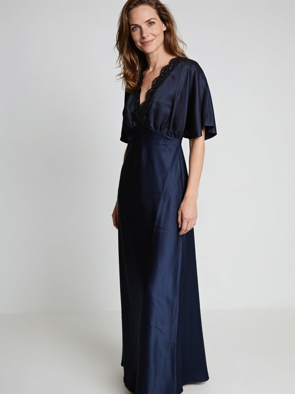 Navy Satin Maxi Dress with Black Lace Trim